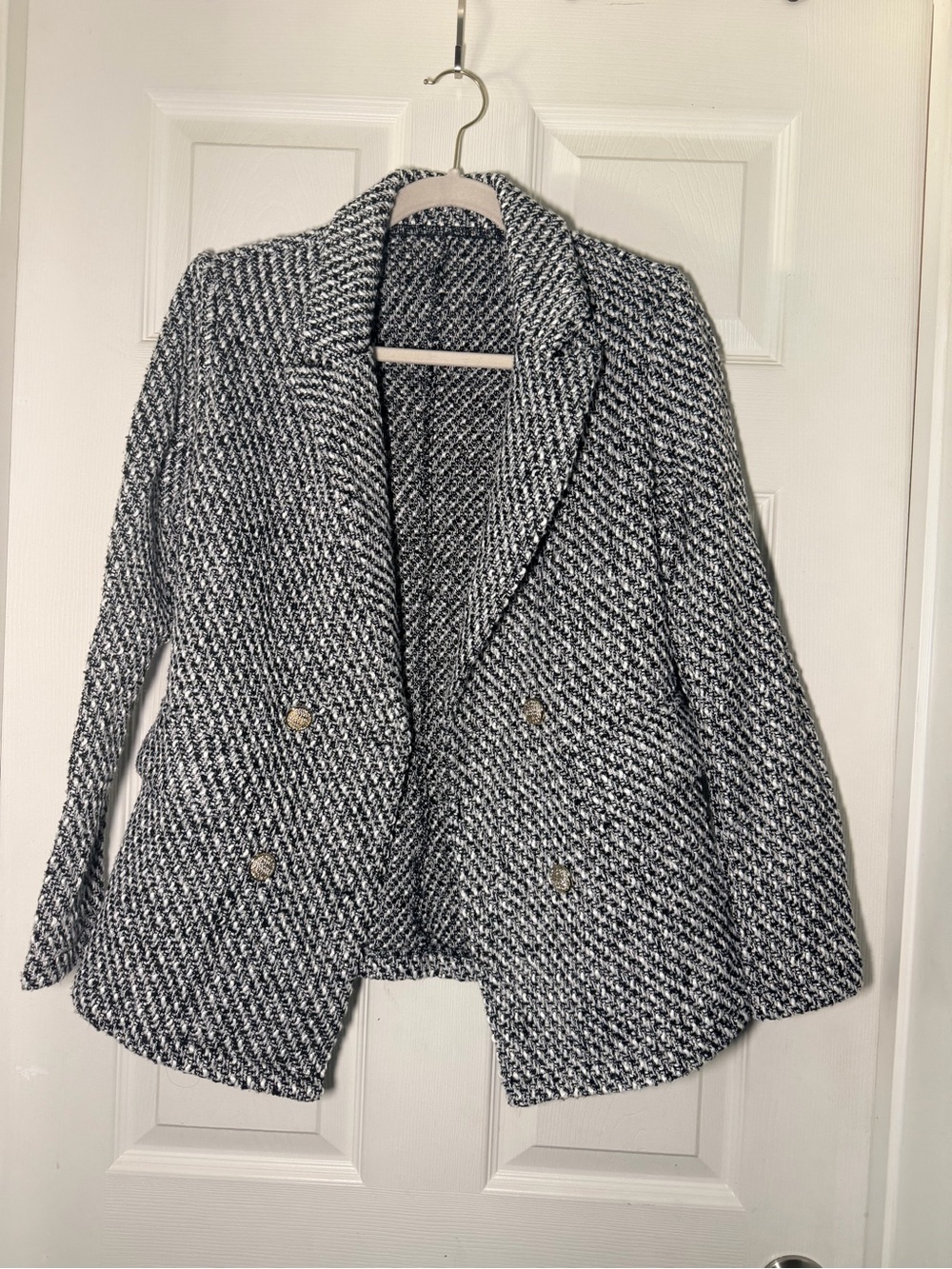 SHEIN Black & White Bouclé Double-Breasted Blazer
